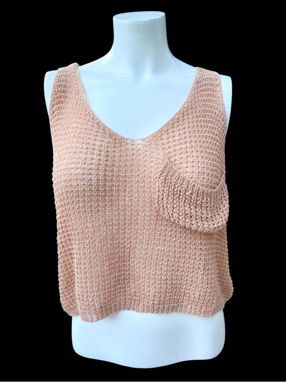 Sheer Peach Knit Tank Top Cropped w/ Pocket Size M/L Relaxed Fit